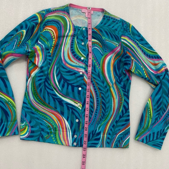 Lilly Pulitzer Cotton Button Up Cardigan Sweater Blue Multicolor Swirl Design M - Picture 7 of 11